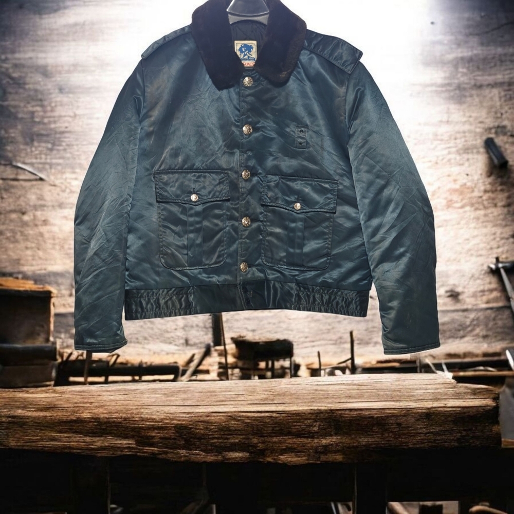 Vintage Horace Small Tuffy  44R Blue Faux Fur Collar Quilted Police Bomber Coat